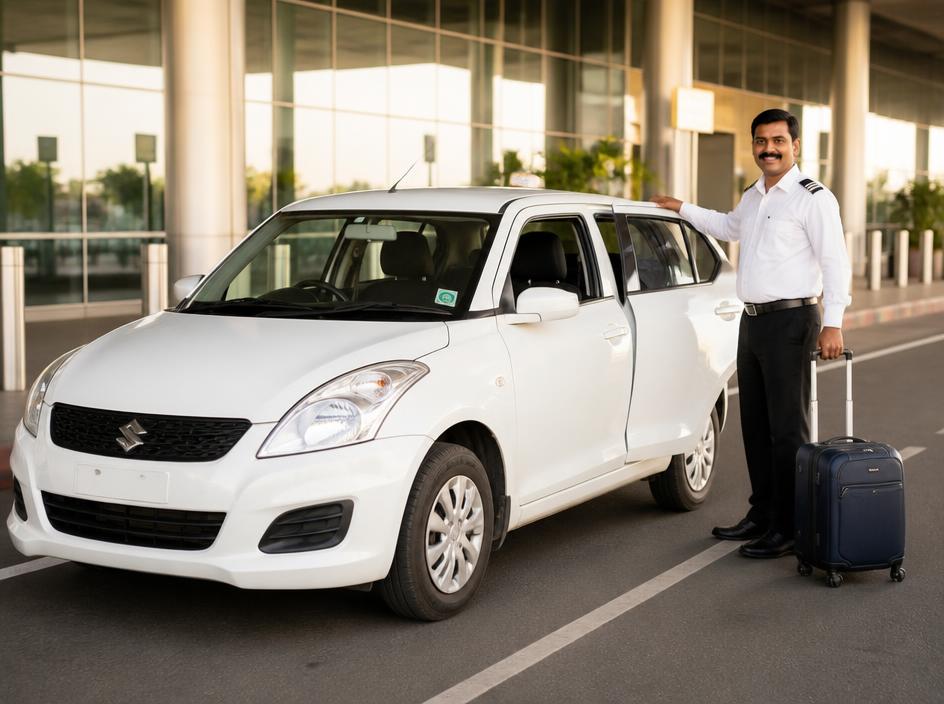 Chauffeur beside a white Swift hatchback taxi with luggage at Bengaluru airport