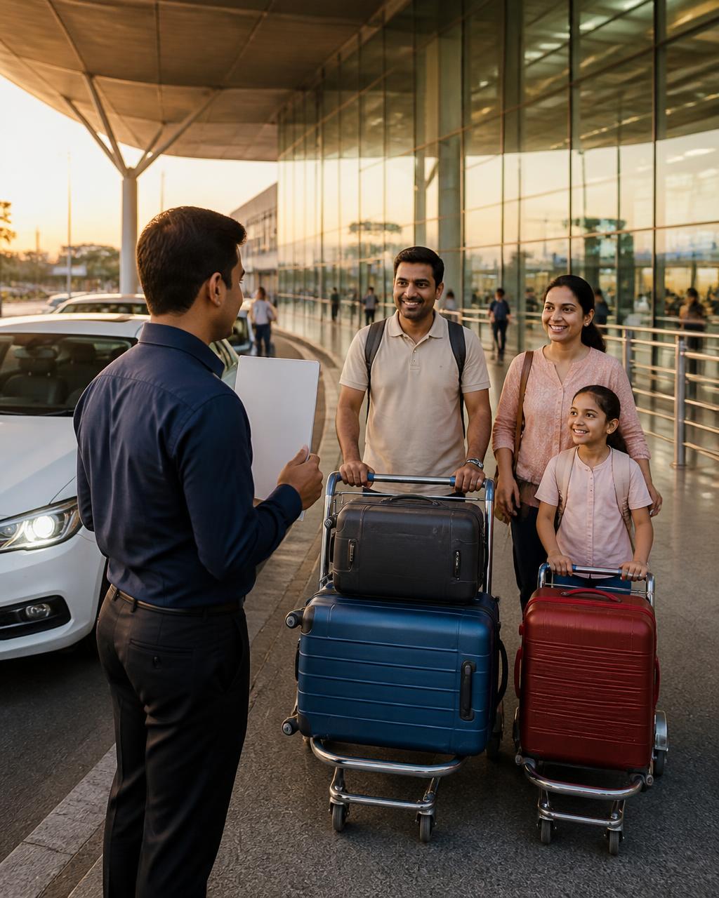 Chauffeur with a name board greeting a family with luggage trolleys outside Bengaluru international airport arrivals